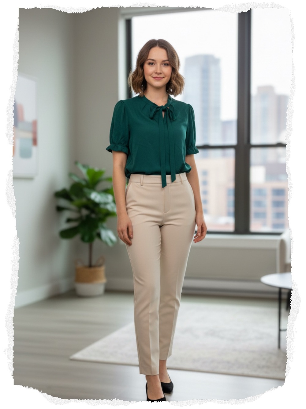 Elegant Forest Green Left Side Keyhole & Tie-Neck Blouse–NWT–19" p2p…26" length